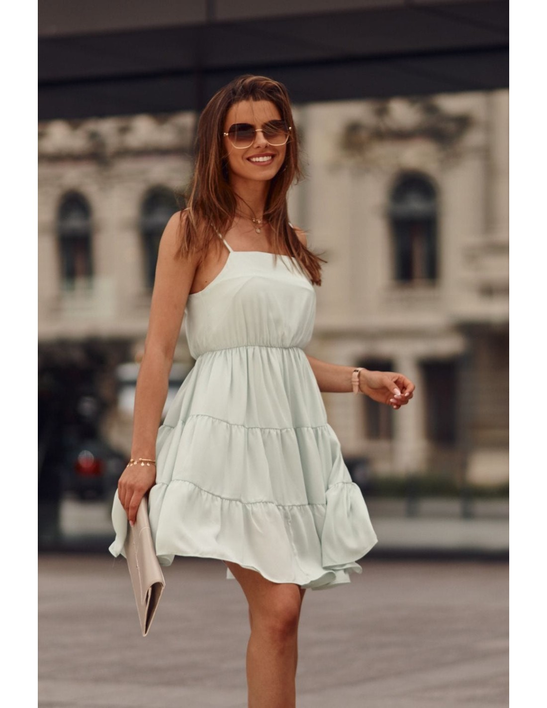 Kleid mit dünnen Trägern und Rüschen, Mint PR3214 – Online-Shop – Boutique